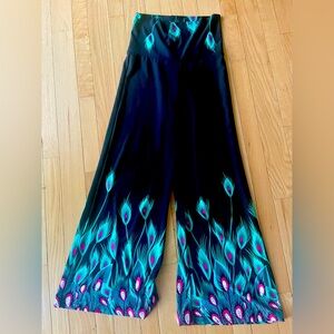 High-waisted peacock palazzo pants.